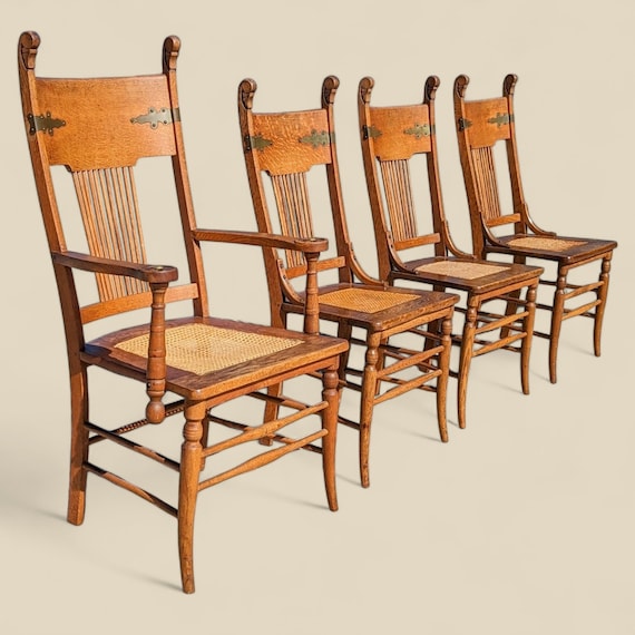 Antique Tiger Oak Dining Chairs, Rattan Seats, Set of 4 - Etsy