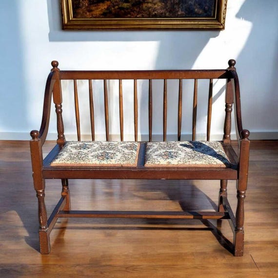 Vintage Spindle Back Settee: Floral Upholstered Entryway Bench - Etsy