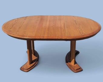 Vintage Dining Table, Oak, Round, Oval, Mid Century, MCM, Postmodern, Kitchen, Dining Room