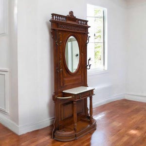 Victorian Style Hall Tree: Solid Wood Entry Mirror with Brass Hooks