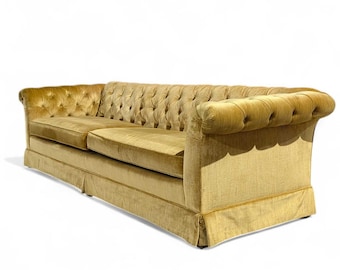 Vintage Hollywood Regency Gold Velvet Sofa, Tufted Chesterfield Style Couch, Mid-Century Glamorous Velvet Seating