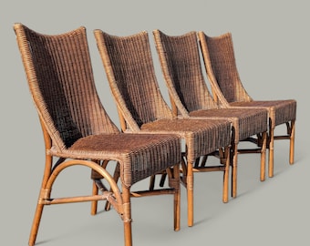 Vintage rattan dining chair set, 4 boho chic woven wicker high back chairs, Tiki style seating, Kitchen, Dining Room