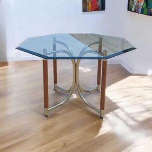 Vintage Octagonal Glass Dining Table: Postmodern Brass & Wood Base, 1980s