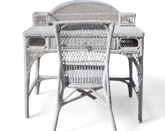 Vintage White Wicker Writing Desk and Chair Set, Coastal Boho Rattan Vanity, Late 20th Century Bedroom Office Furniture