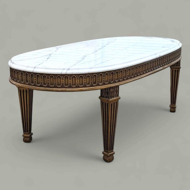 Antique Marble Top Coffee Table, Vintage Living Room, Hollywood Regency, Art Deco, Ornate, Carved Wood image 1