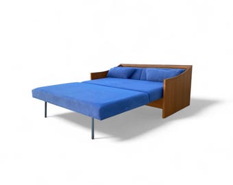 Mid-Century Canadian Teak Pull-Out Sofa Bed in Blue Upholstery, 1970s Modern Convertible Sleeper