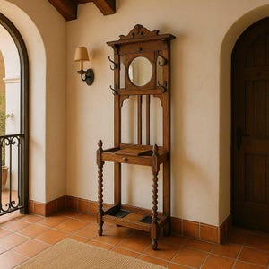 Antique Oak Hall Tree with Mirror: Entryway Organizer & Umbrella Stand