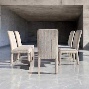 Set of 6 Postmodern Dining Chairs: Cream Textured Fabric, Sculptural Silhouette