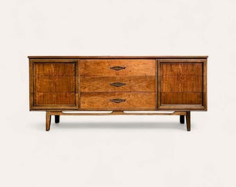 Mid Century Walnut Dresser: Nine Drawer Credenza Sideboard, 1960s MCM