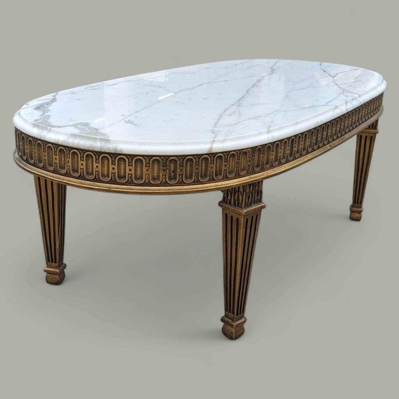 Antique Marble Top Coffee Table, Vintage Living Room, Hollywood Regency, Art Deco, Ornate, Carved Wood image 5