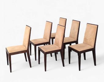 Set of Six Modern Faux Suede Upholstered Wooden Dining Chairs