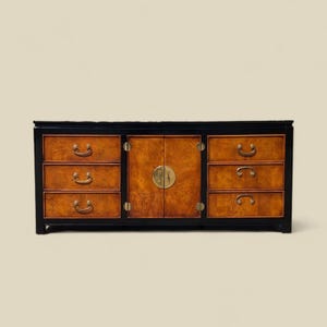 Vintage Stanley Furniture Burl Wood Dresser: Chinoiserie Hollywood Regency Credenza