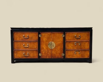 Vintage Stanley Furniture Burl Wood Dresser: Chinoiserie Hollywood Regency Credenza
