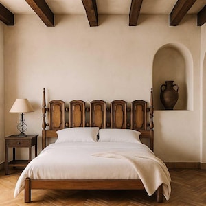 Vintage Carved Oak King Headboard: Rustic Traditional Bed, Spanish Revival