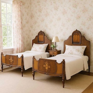 Antique Twin Bed Frame: French Style Carved Wood, Ornate Floral Inlay, 1920s Bedroom