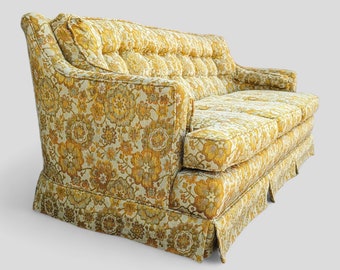 Vintage Hollywood Regency Floral Brocade Tufted Sofa, Yellow, Maximalist, MCM, Retro, Fun, Living Room