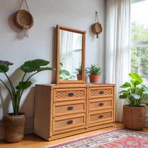 Vintage Dixie Rattan Dresser with Mirror – Coastal Boho Six Drawer Dresser, Woven Front Bedroom Storage, Tropical Bamboo Chest of Drawers