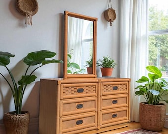 Vintage Dixie Rattan Dresser with Mirror – Coastal Boho Bedroom Storage