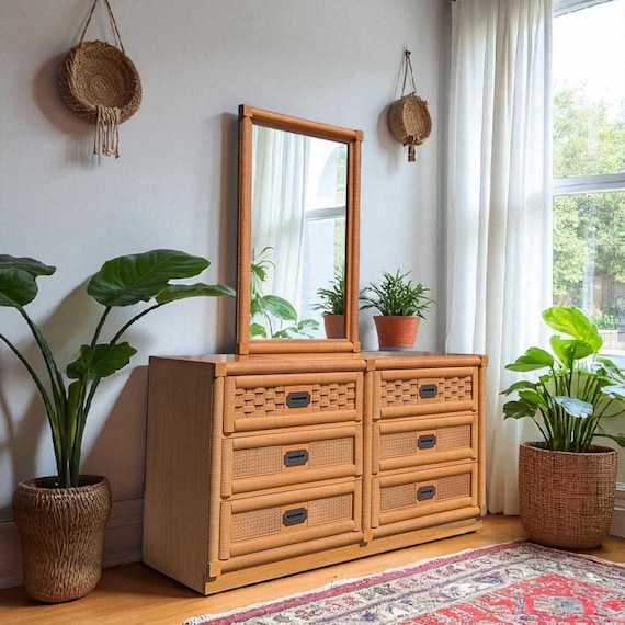 vintage rattan dresser 55" - 3 Drawers - Walnut With six spacious drawers Vintage Dixie Rattan Dresser with