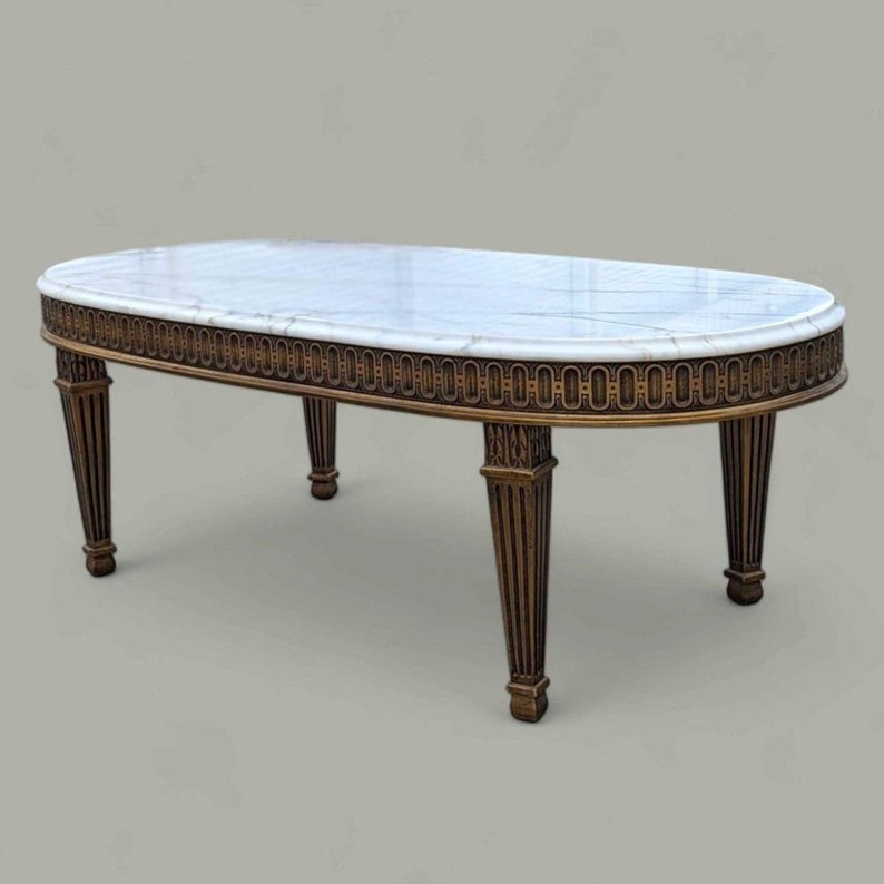 Antique Marble Top Coffee Table, Vintage Living Room, Hollywood Regency, Art Deco, Ornate, Carved Wood image 7