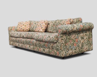 Vinatge Sofa, Maximalist, Mid Century, MCM, Floral, Green, Beige, Pattern Fabric, Living Room Couch