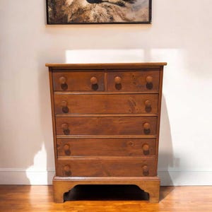 Vintage Pine Dresser,  6-Drawer Chest with Oversized Knobs, Farmhouse Bracket Base, Wood Tallboy