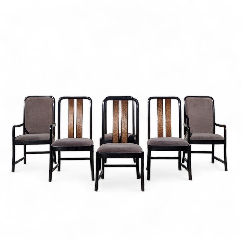 Six Postmodern Dining Chairs by Bernhardt, Black Lacquer, Birdseye Maple, Wood, Dining Room afbeelding 9