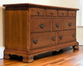 Ethan Allen Maple Dresser With Mirror: Colonial Style, 9 Drawers