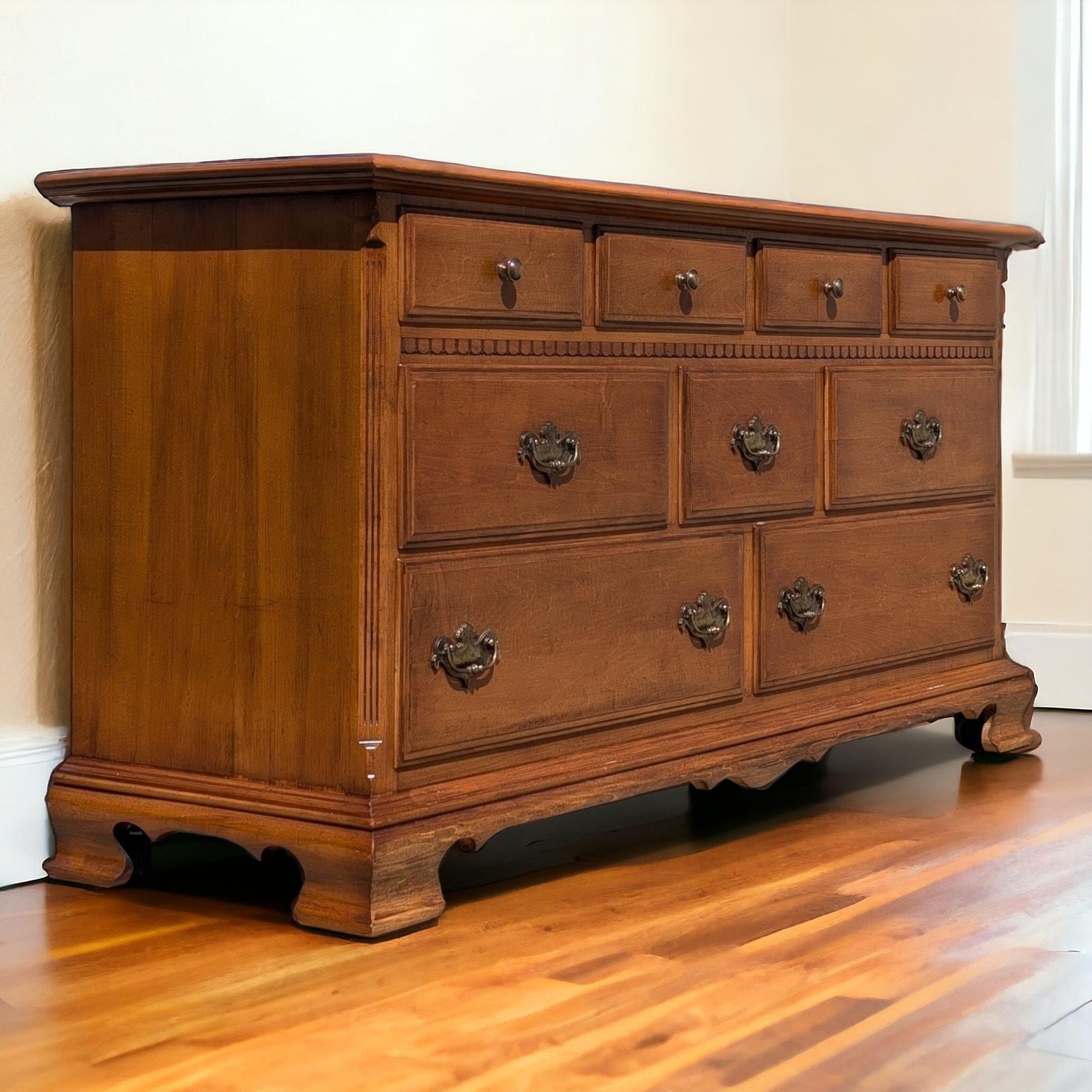 Ethan Allen Maple Dresser With Mirror: Colonial Style, 9 Drawers