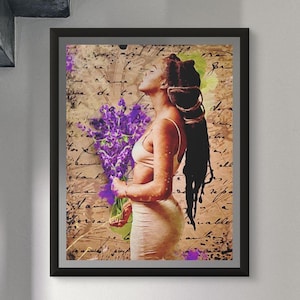 Black Woman Holding Purple Flowers Wall Art – Afrocentric Art Deco Wall Print (Instant Download) | Modern Wall Art | African American Art