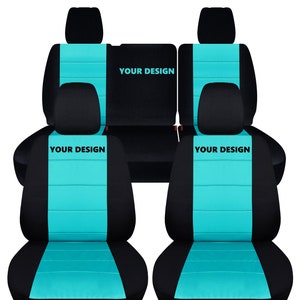 Fit: 18-21 Jeep Wrangler JL (Front set Seat Covers or complete set) Made By Designcovers In Black and Mint Blue (Insert) With your design