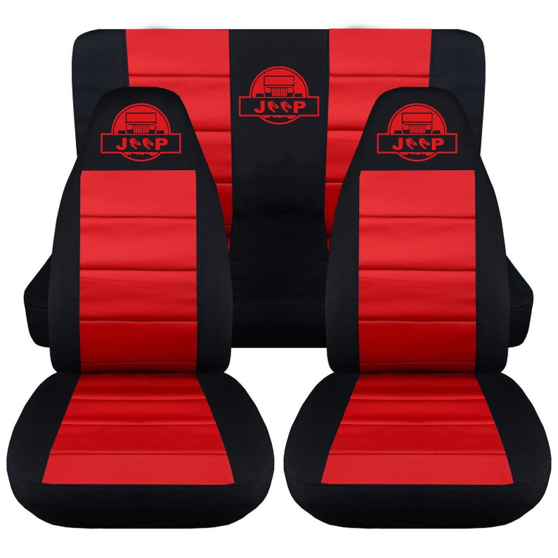 Jeep Wrangler Yj Complete Seat Cover Set Black Red With Red Safari Jeep Logo