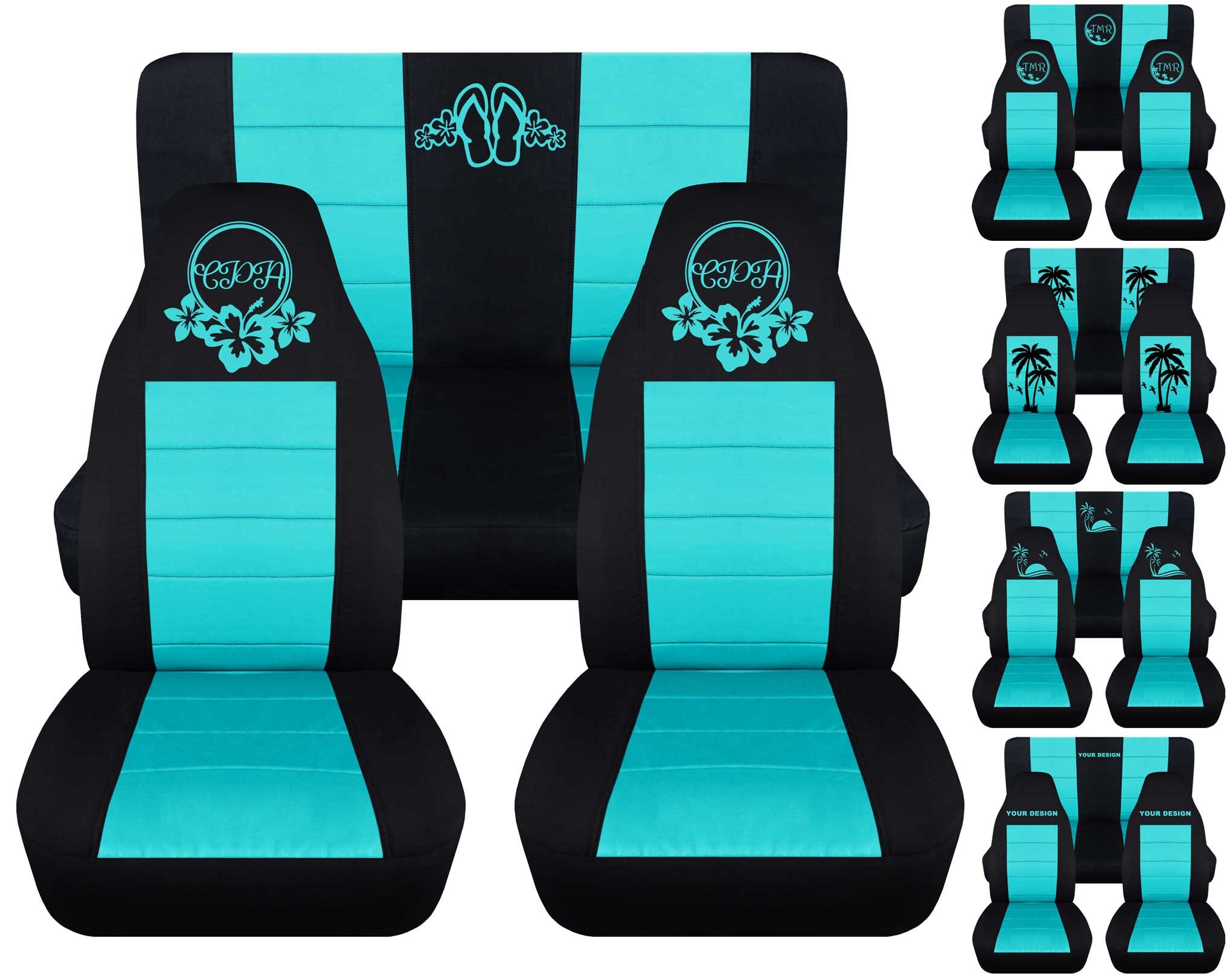 Fit: 87-06 Jeep Wrangler TJ - YJ or LJ (Complete Set) By Designcovers In  black and mint blue with Monogram or other design