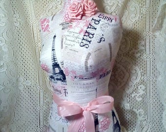 French Boutique Dress form mannequin female torso, craft show, booth, store front, jewelry display, photo prop, clothing, Eiffel Tower print