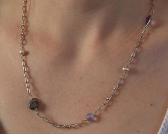 Delicate Freshwater Pearl, Pyrite, Amethyst, Glass, and Sterling Silver 23"