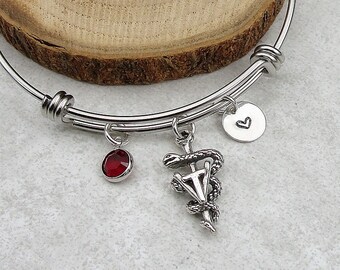 Vet Tech Bracelet, Silver Veterinary Technician Bangle, Veterinary Jewelry, Gift for Vet Tech, Personalized Initial and Birthstone Bangle