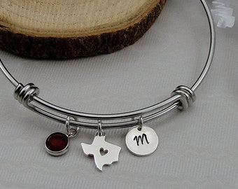 Texas State Heart Bracelet, Silver Texas Heart Bangle, Love Texas Bracelet, Texas Jewelry Gift, Personalized Initial Birthstone Bangle