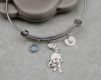 Raccoon Bracelet, Silver Raccoon Bangle, Raccoon Jewelry, Raccoon Gift, Raccoon Charm, Personalized Initial and Birthstone Bangle