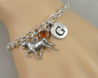 Horse Charm Bracelet, Pony Horse Bracelet, Initial and Birthstone Bracelet, Silver Plated Link Charm Bracelet