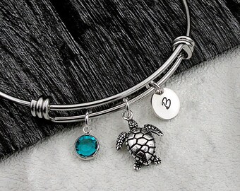 Sea Turtle Bracelet, Silver Sea Turtle Bangle, Turtle Charm Bracelet, Turtle Gift, Beach Bracelet, Personalized Initial Birthstone Bangle