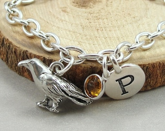 Crow Charm Bracelet, Raven Bracelet, Initial and Birthstone Bracelet, Silver Plated Link Charm Bracelet