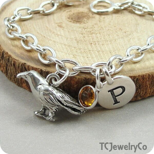 Crow Charm Bracelet, Raven Bracelet, Initial and Birthstone Bracelet, Silver Plated Link Charm Bracelet