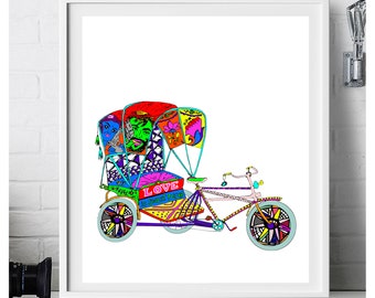 May include: A colorful, hand-drawn illustration of a three-wheeled bicycle rickshaw with a canopy. The rickshaw is decorated with flowers, geometric patterns, and the words "LOVE in every heart beat".