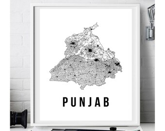 May include: Black and white line art map of Punjab, India. The map shows the state's roads and cities. The word "PUNJAB" is printed in black below the map.