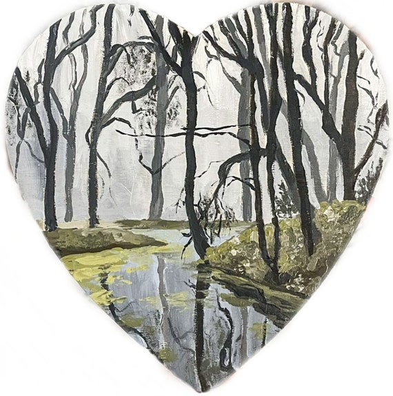 Heart Shaped Forest Landscape - Original Acrylic Painting on Wood Panel
