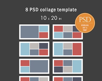 Plantilla de collage de fotos de 10 x 20 (8 archivos) / Collage de 10 x 20 / Álbum de recortes / Plantilla de álbum de fotos / Tablero de estado de ánimo / Plantilla de Photoshop