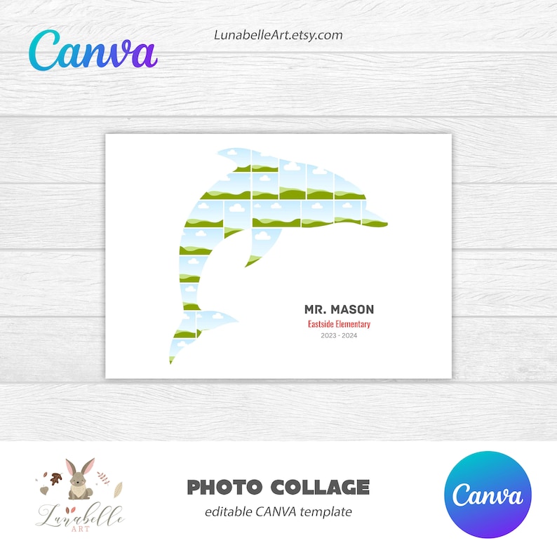 Puede incluir: Una plantilla de collage de fotos blanca con un dise&ntilde;o de delf&iacute;n hecho de im&aacute;genes de paisajes. El texto dice "MR. MASON Eastside Elementary 2023-2024". El logotipo de Canva est&aacute; en la esquina superior izquierda e inferior derecha.