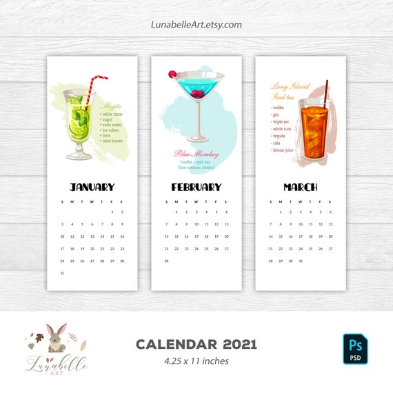 Cocktail Calendar Monthly 2021 Calendar Cocktail Design Etsy