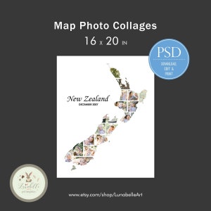 Neuseeland Collage | Neuseeland Karte Fotocollage | Reise-Foto-Collage | Ziel-Foto-Collage-Vorlage | Urlaub Foto Vorlage