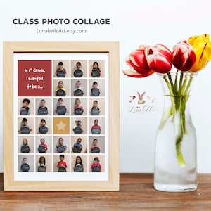 May include: A framed collage of first grade class photos. Each student is holding a chalkboard with their name and a drawing of what they want to be when they grow up. The text at the top of the collage reads "Class Photo Collage" and "LunabelleArt.etsy.com". The text at the bottom of the collage reads "In 1st Grade, I wanted to be a..."